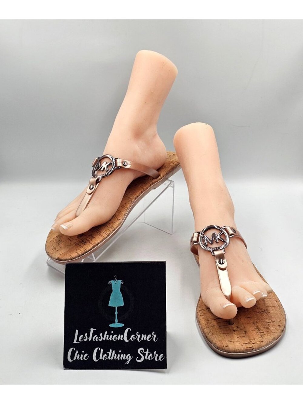 NWB Michael Kors Womens Rose Gold MK Charm Jelly Flip Flops  Sandals Sz 10 3703